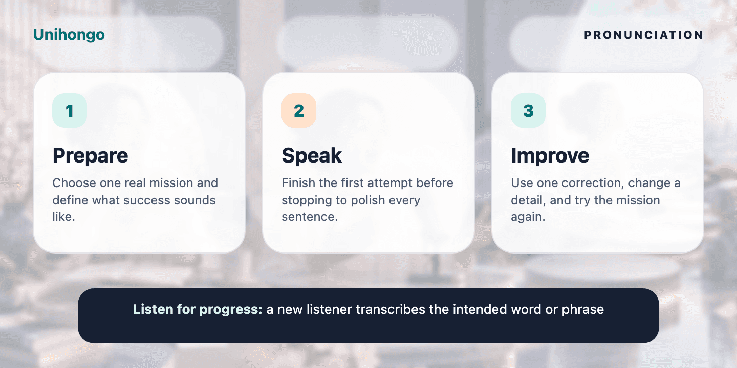 Three-stage visual practice journey for learners who want to improve intelligibility without chasing opaque scores