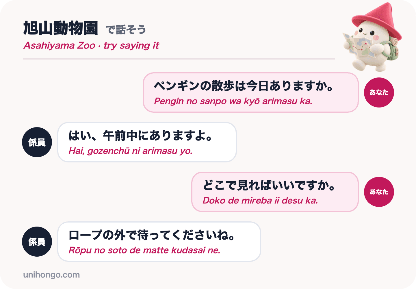 Ein vierzeiliger Chat zwischen einem Besucher und einem Zoomitarbeiter im Asahiyama Zoo, in dem er gefragt wird, ob heute der Pinguinspaziergang stattfindet und wo man ihn beobachten kann, auf Japanisch mit Romaji