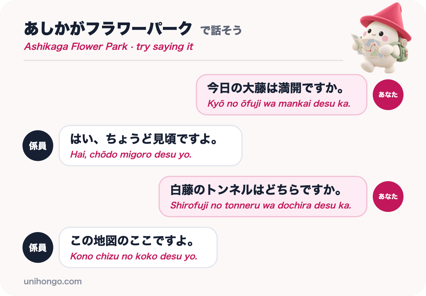Una conversación de cuatro frases entre un visitante y un encargado del parque de flores Ashikaga, preguntando si la gran glicina está en plena floración y dónde está el túnel de la glicina blanca, en japonés con romaji.