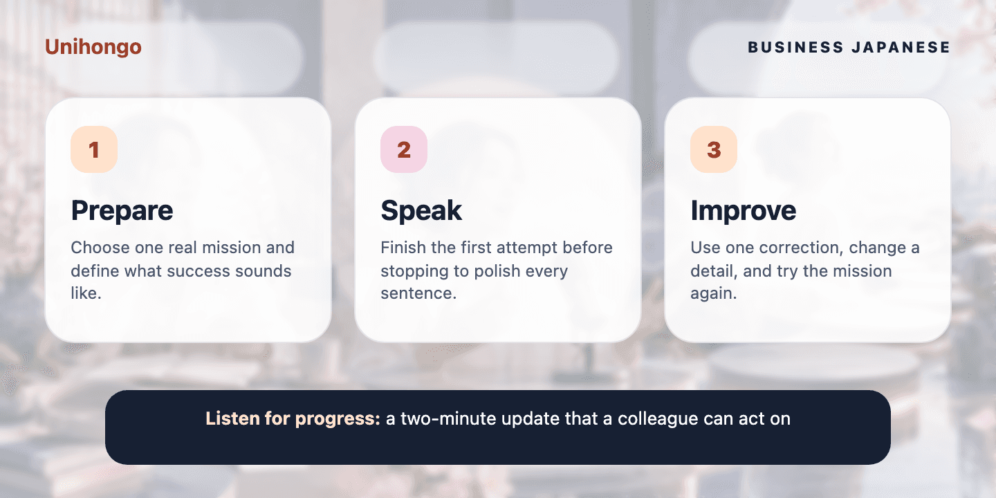 Three-stage visual practice journey for learners who want to practice polite, concise workplace turns before they matter