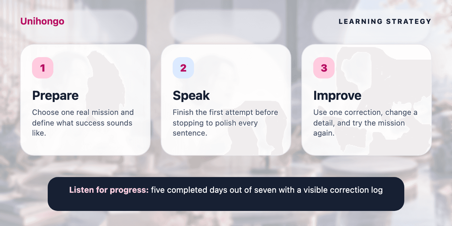 Three-stage visual practice journey for learners who want to practice speaking without turning every session into a major project