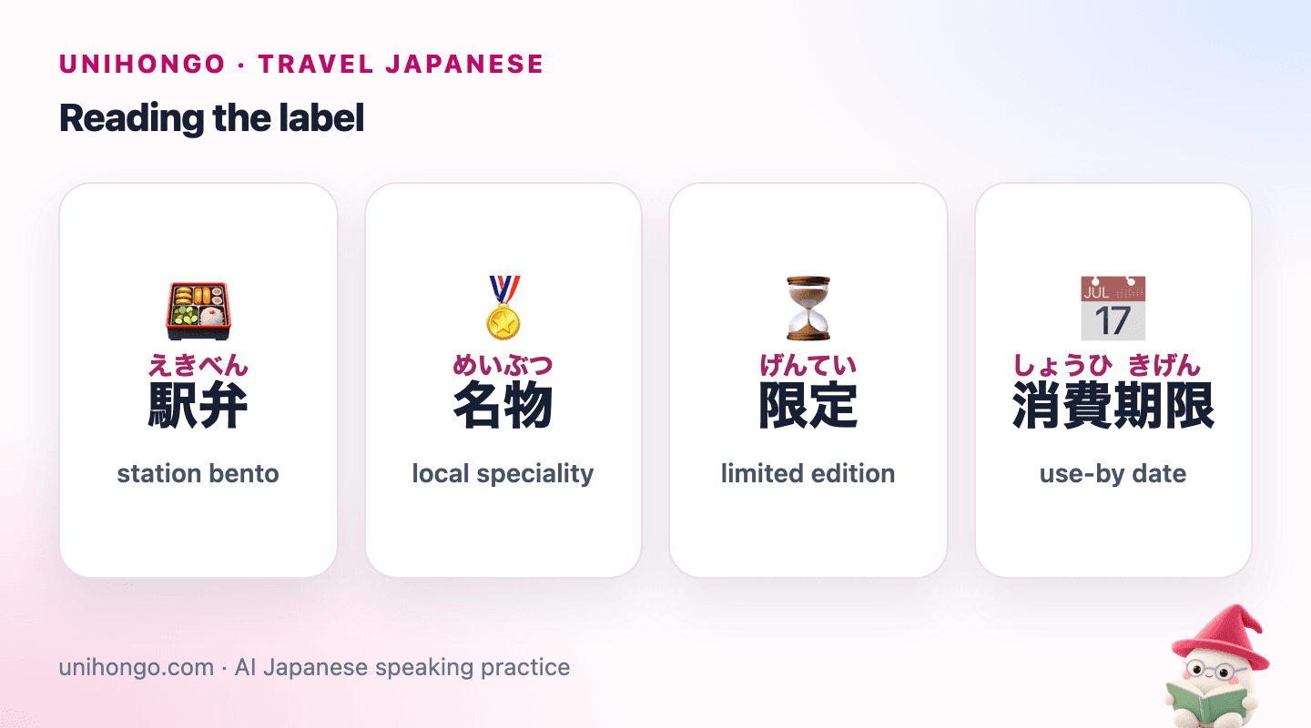 Four picture cards: a station bento box, a medal for a local speciality, an hourglass for limited edition, and a calendar for the use-by date
