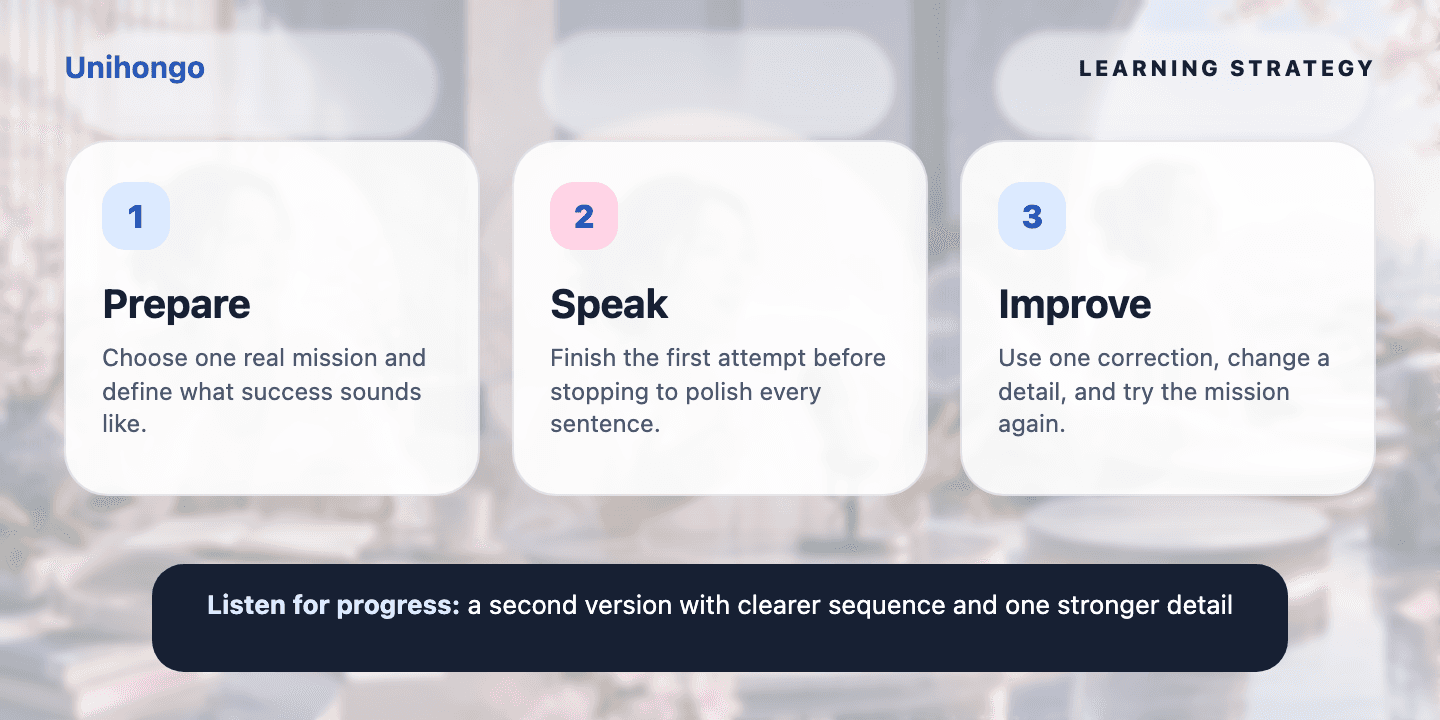 Three-stage visual practice journey for learners who want to balance spontaneous speaking, correction, and repetition