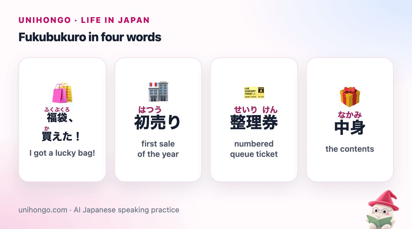 Four picture cards: a happy shopper holding a lucky bag, a shop opening its doors for the first sale, a numbered paper ticket, and an open bag showing its contents.