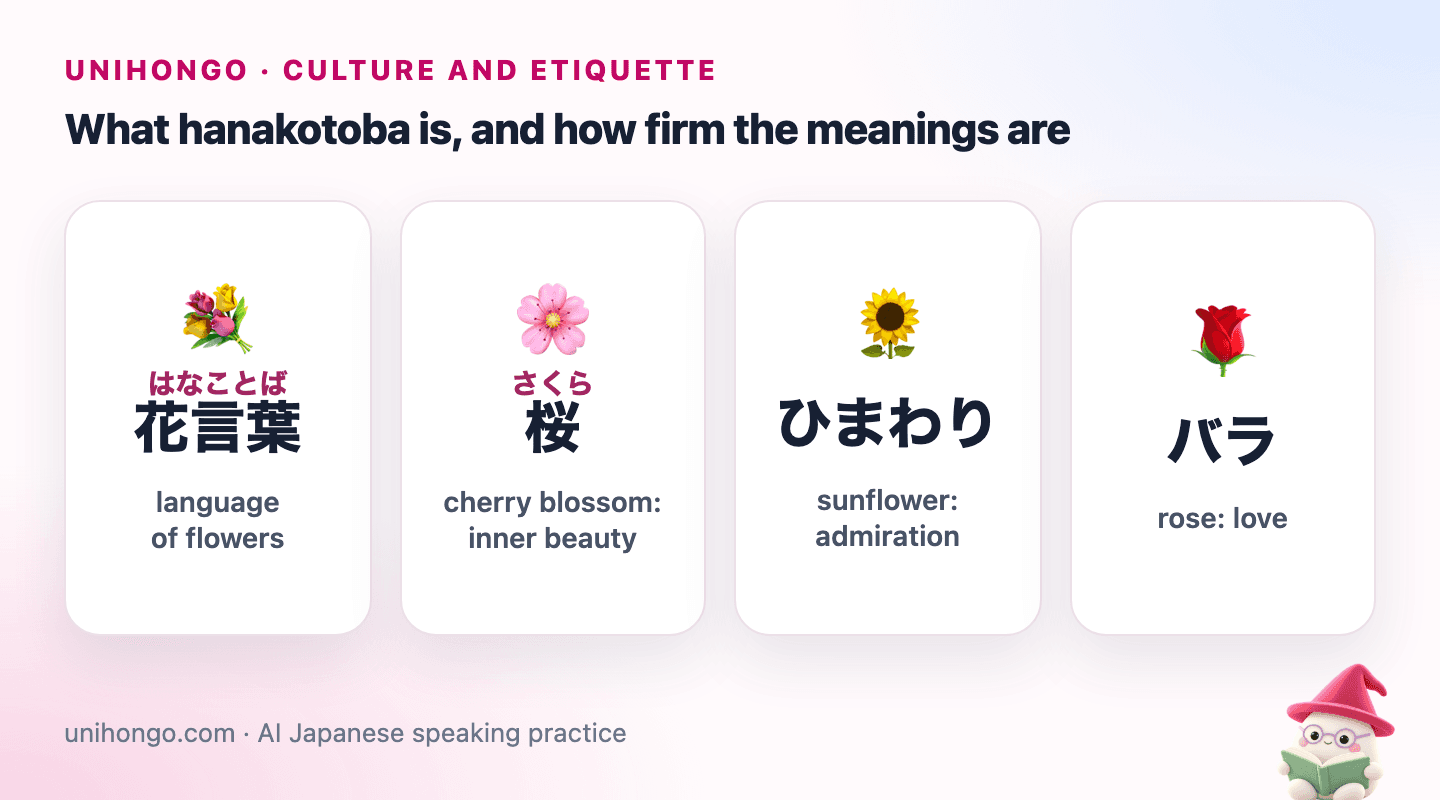 Four picture cards: the word hanakotoba, then cherry blossom, sunflower and rose, each with the meaning usually given in Japan.