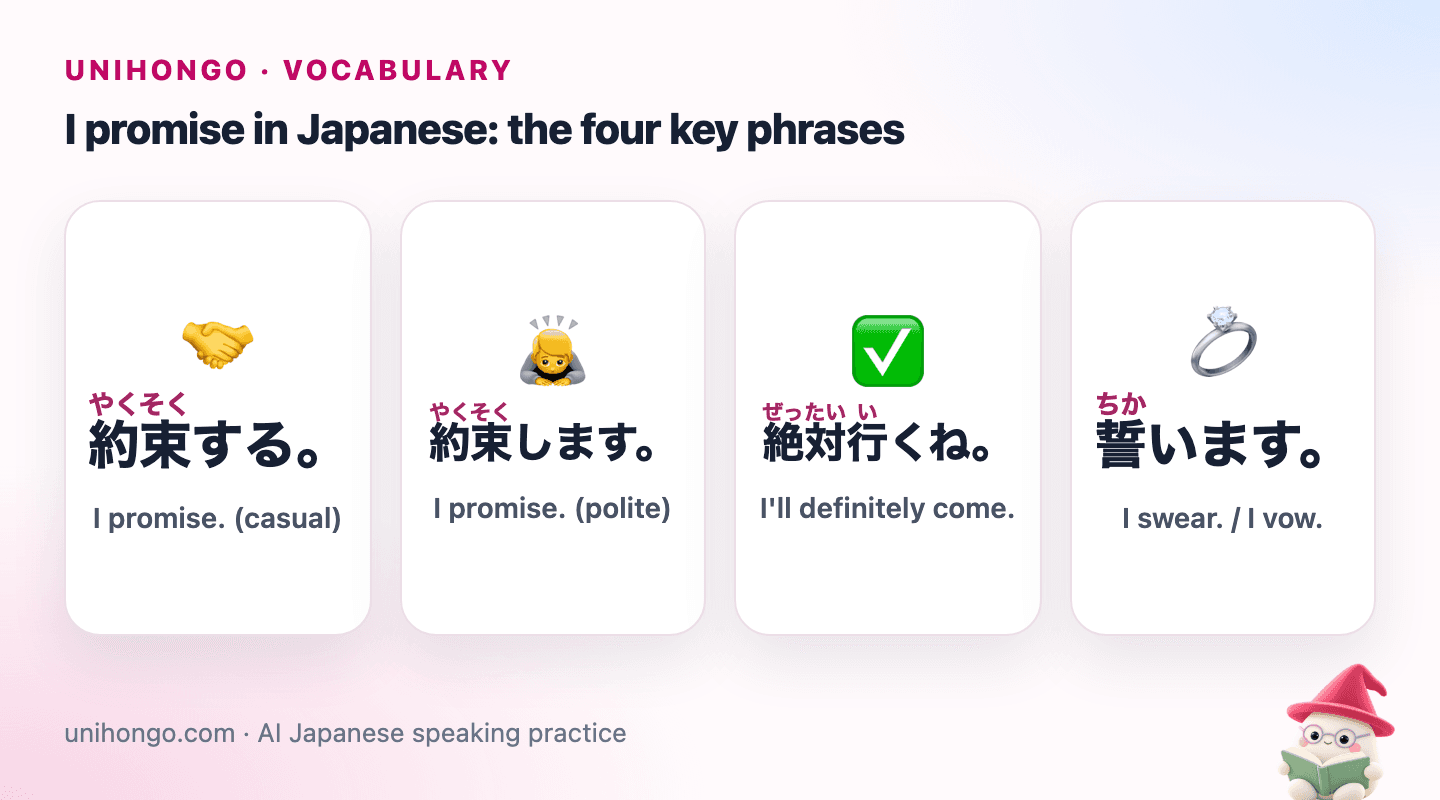 Four picture cards: I promise casually, I promise politely, I'll definitely come, and I swear.