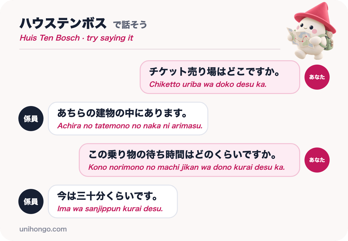 Isang apat na linyang chat sa pagitan ng isang bisita at isang miyembro ng kawani ng Huis Ten Bosch, na nagtatanong kung nasaan ang ticket office at kung gaano katagal ang paghihintay, sa Japanese na may romaji