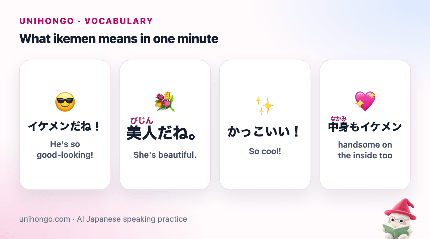 Four picture cards: a handsome young man, a beautiful woman with flowers, a sparkle of coolness, and a heart for inner kindness.