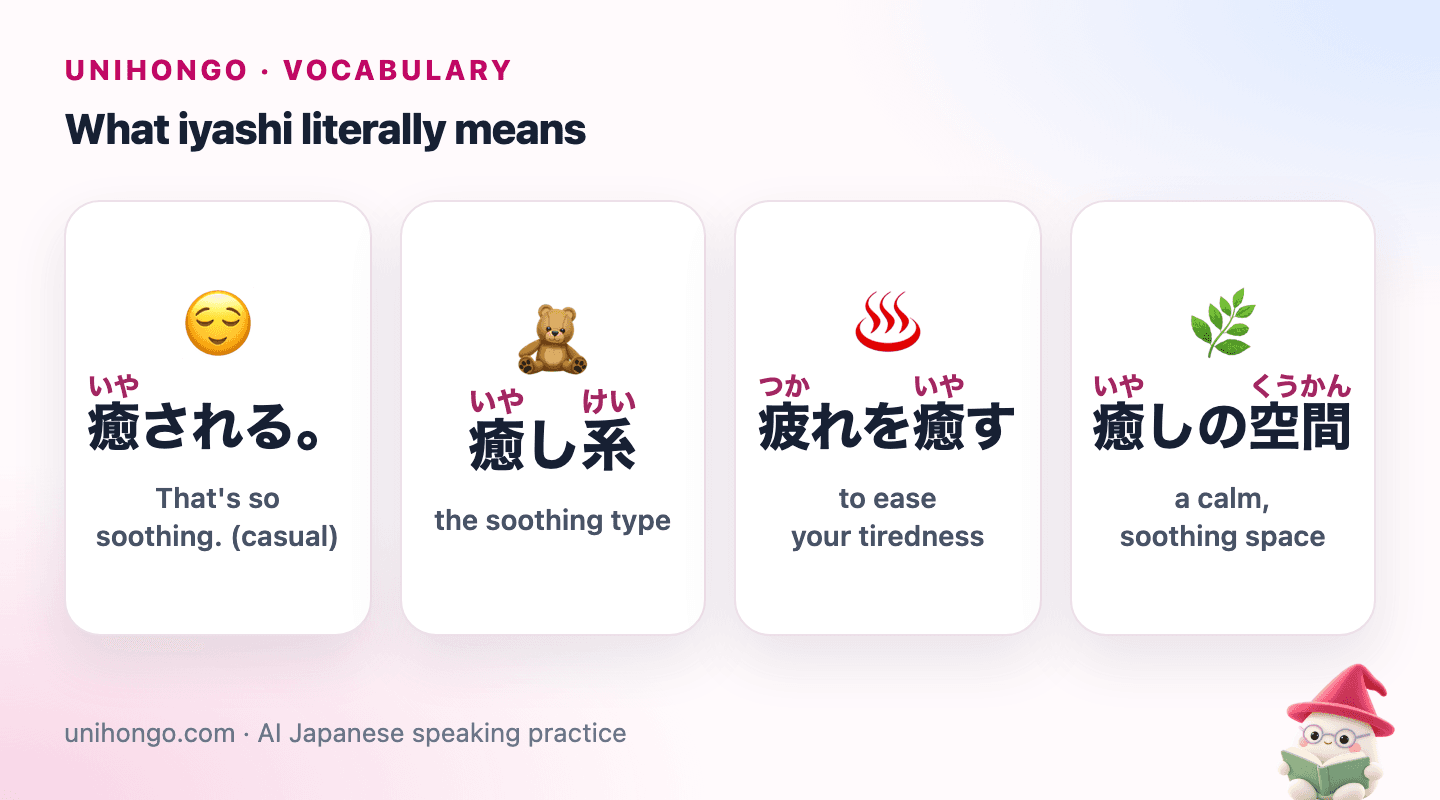 Four picture cards: a relaxed face sighing with relief, a soft teddy bear for the soothing type, a steaming hot spring for easing tiredness, and green leaves for a calm space.