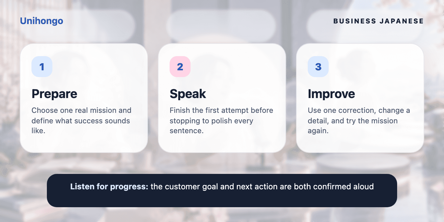 Three-stage visual practice journey for learners who want to identify a request and move the customer toward a solution
