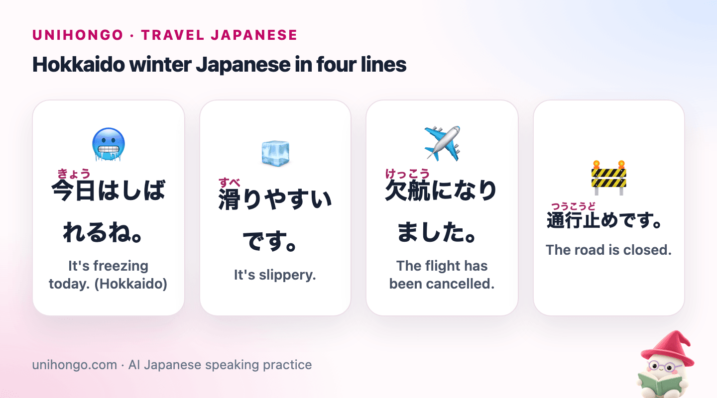 Four picture cards: saying it is freezing in Hokkaido dialect, a slippery icy pavement, a cancelled flight, and a closed road.