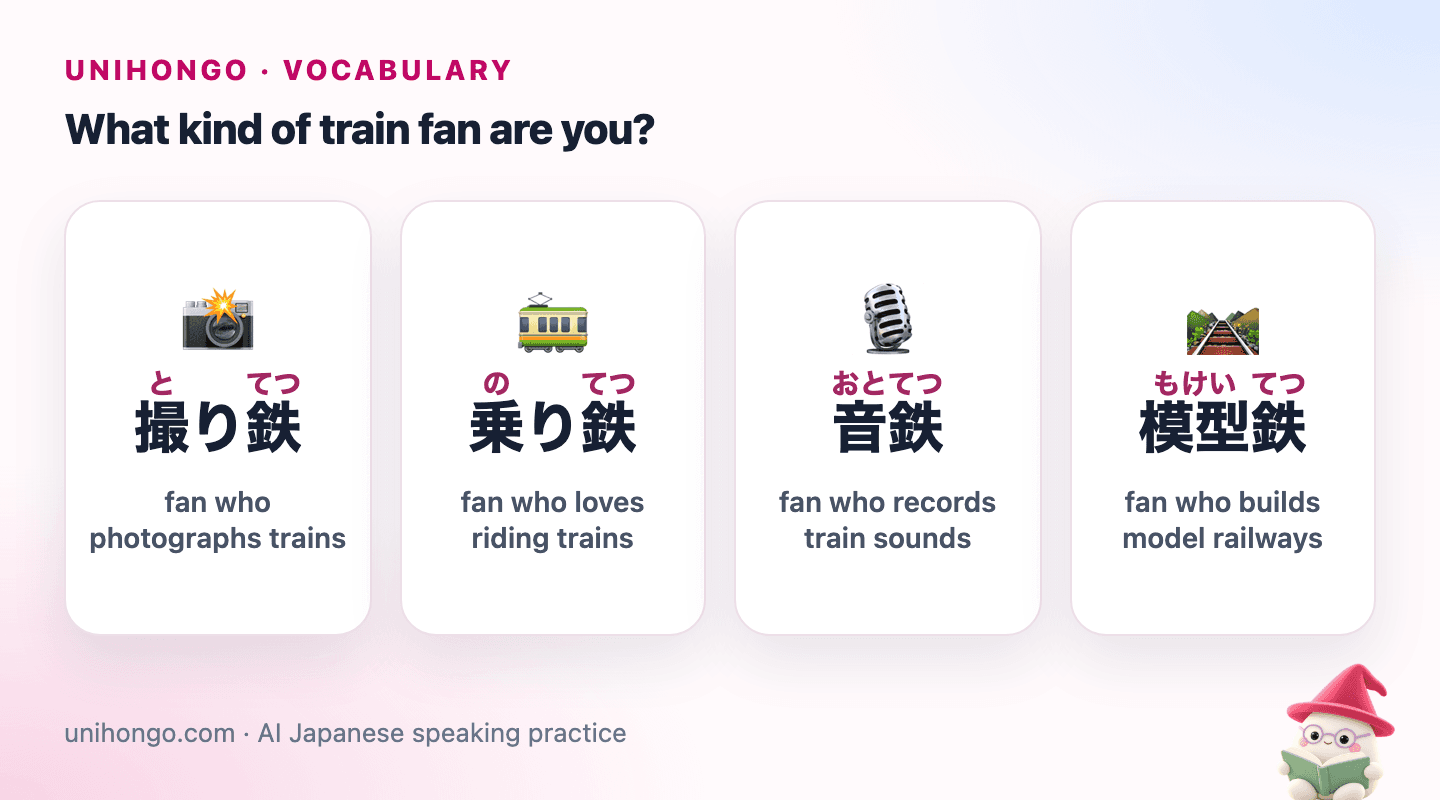 Four picture cards: a fan photographing a train, a fan riding a train by the window, a fan recording train sounds, and a fan building a model railway.