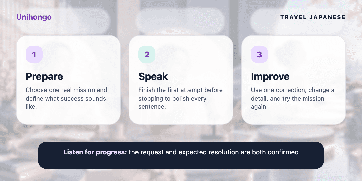 Three-stage visual practice journey for learners who want to manage the full stay with polite practical language