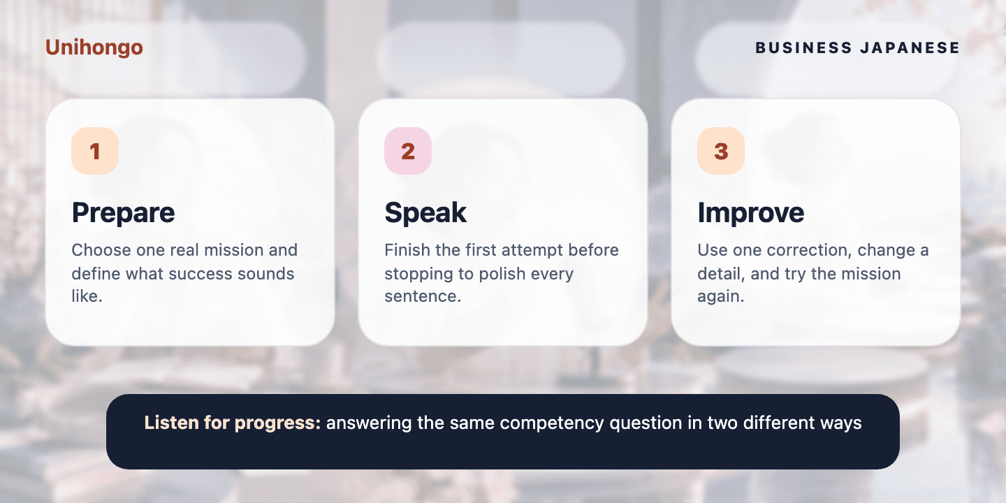 Three-stage visual practice journey for learners who want to answer follow-up questions without sounding memorized