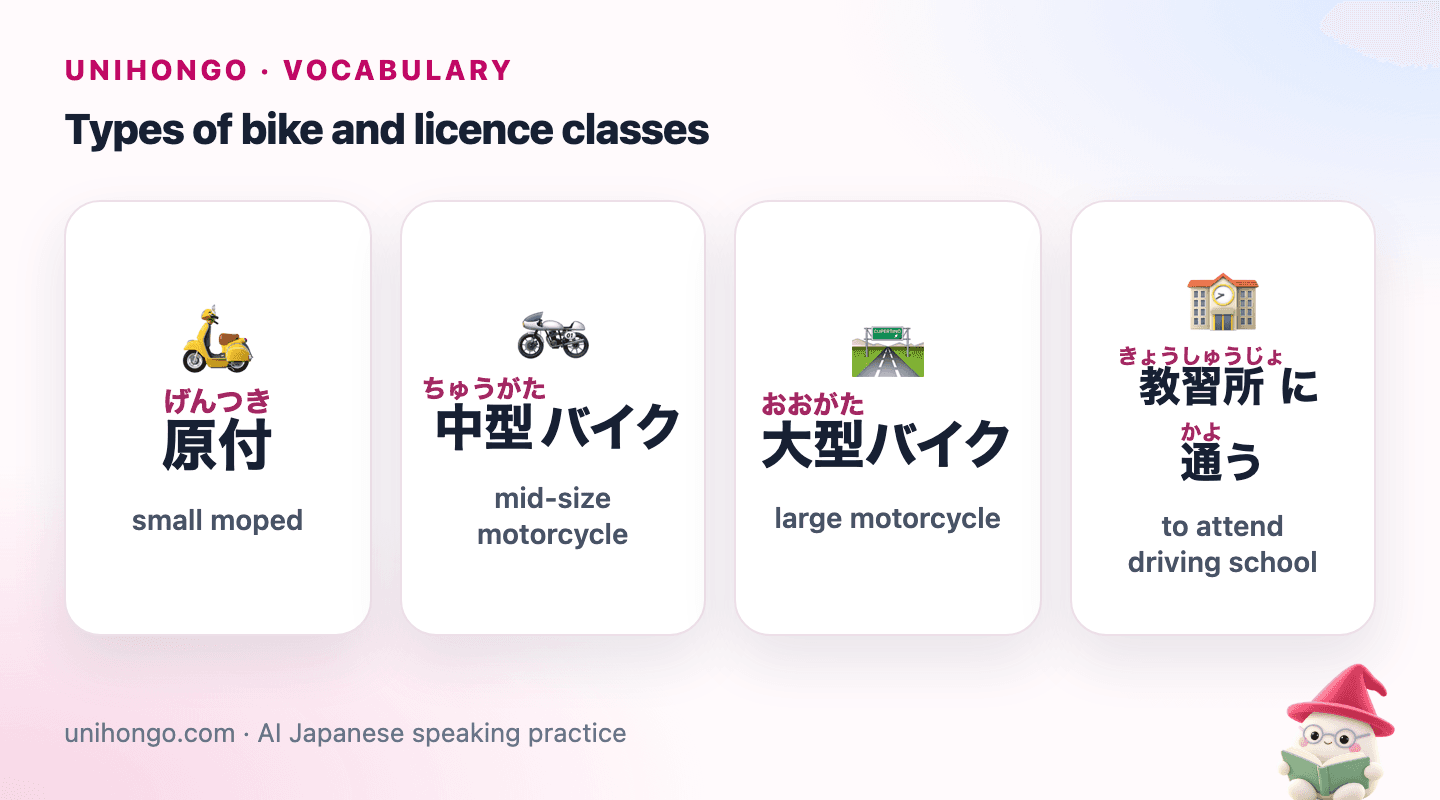 Four picture cards: a small city scooter, a mid-size motorcycle, a large touring motorcycle, and a learner rider practising at a driving school course.