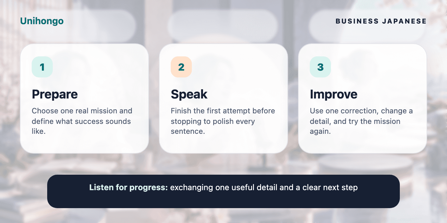 Three-stage visual practice journey for learners who want to start a useful exchange and close it gracefully