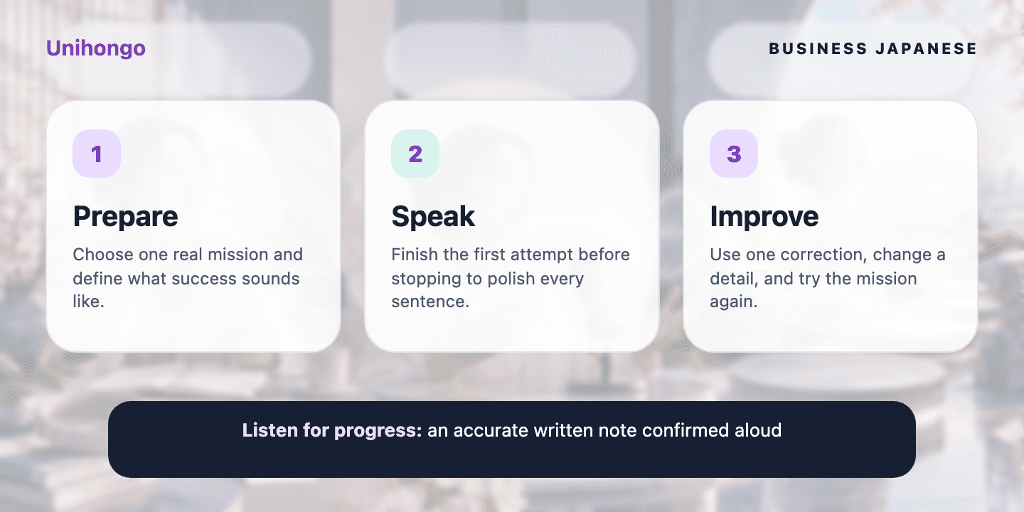 Three-stage visual practice journey for learners who want to identify purpose, capture details, and agree on an action