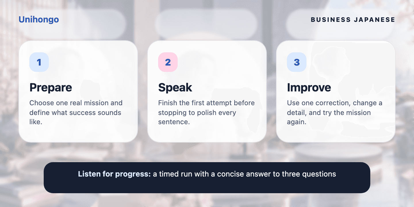 Three-stage visual practice journey for learners who want to deliver a clear story and handle questions
