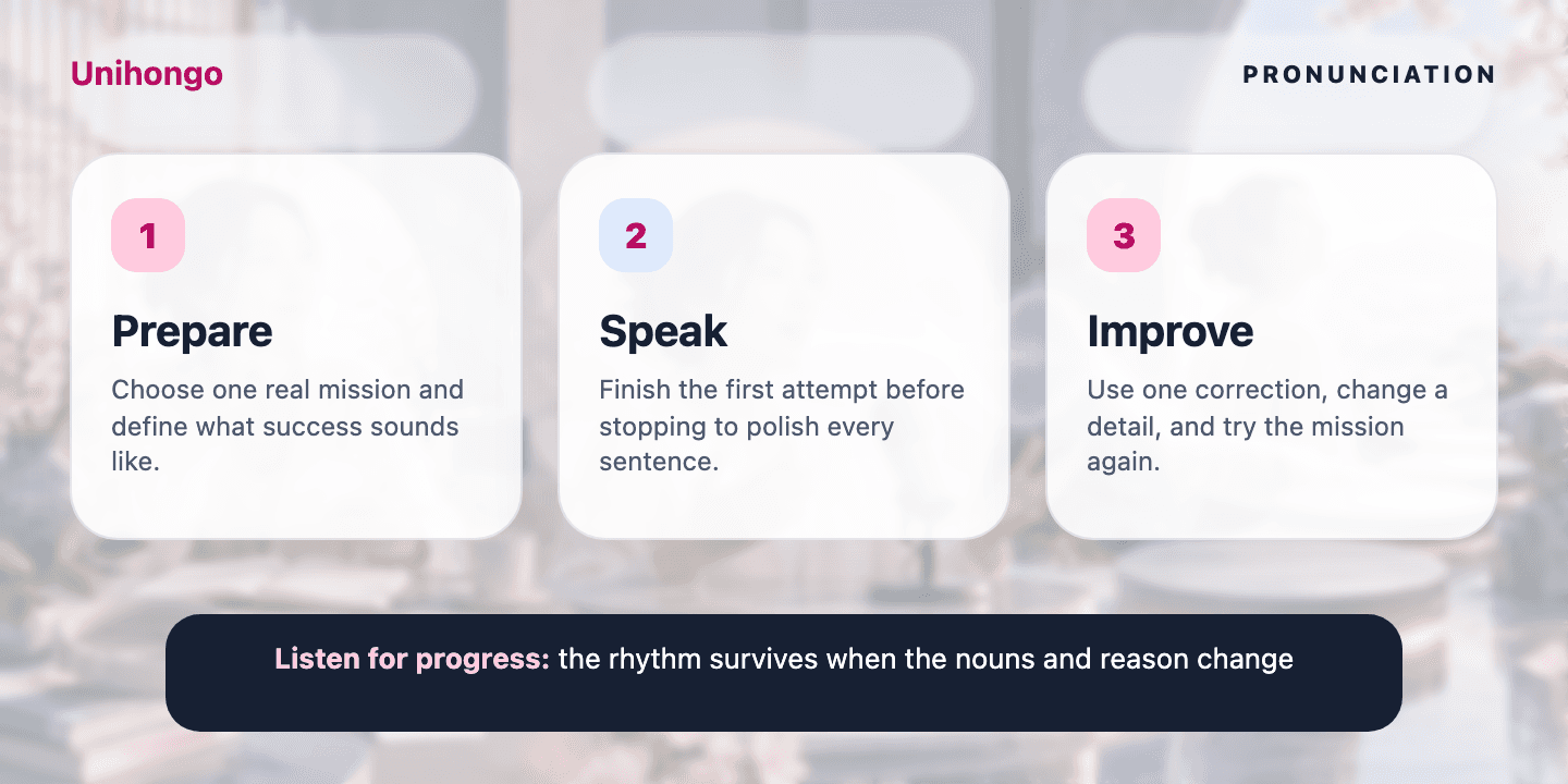 Three-stage visual practice journey for learners who want to carry copied sound patterns into original speech