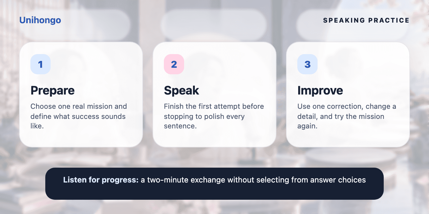 Three-stage visual practice journey for learners who want to bridge short app exercises into complete spoken turns