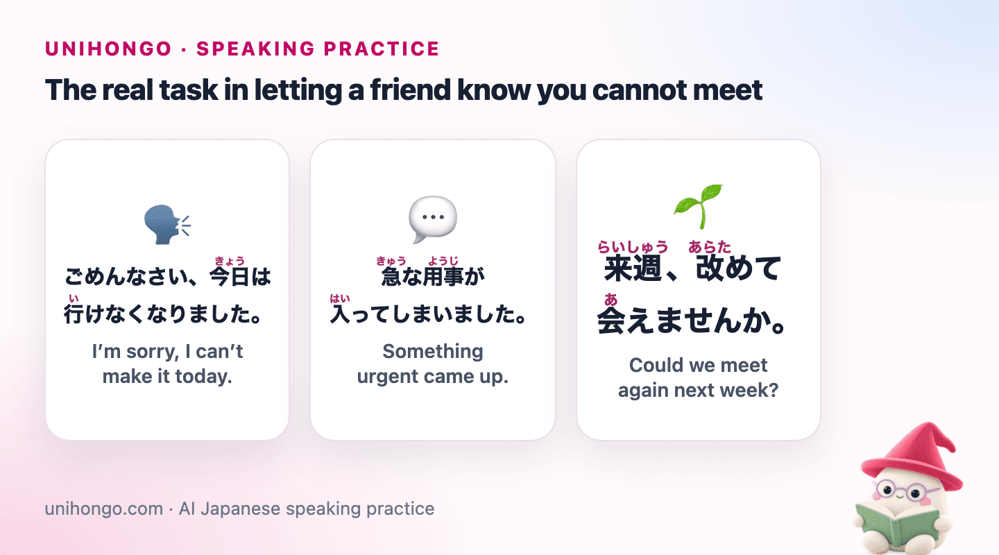 Three Japanese speaking prompts for Cancel Plans Politely in Japanese, with readings and meanings.