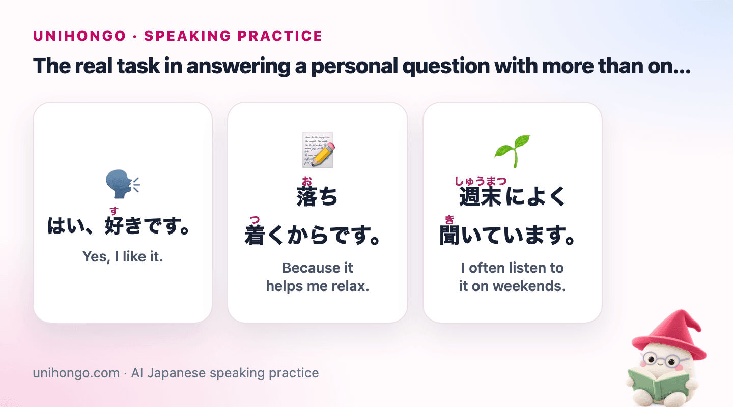 Three Japanese speaking prompts for Give Longer Answers in Japanese Without Rambling, with readings and meanings.