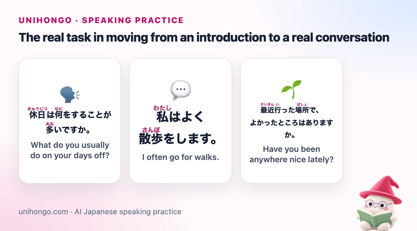 Three Japanese speaking prompts for Talk to a New Friend in Japanese, with readings and meanings.