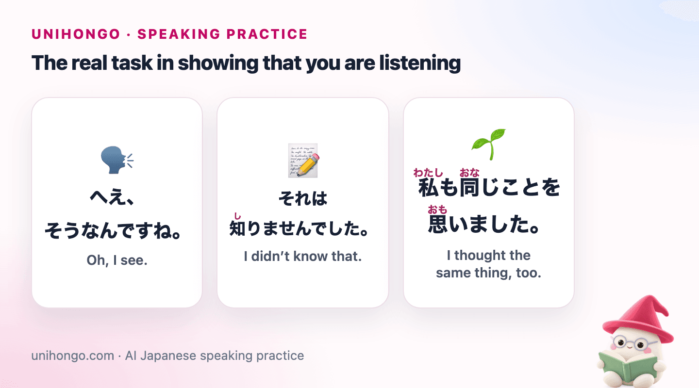 Three Japanese speaking prompts for React Naturally in Japanese Conversation, with readings and meanings.
