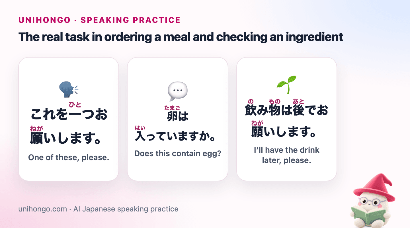 Three Japanese speaking prompts for Order at a Japanese Restaurant in Full Sentences, with readings and meanings.