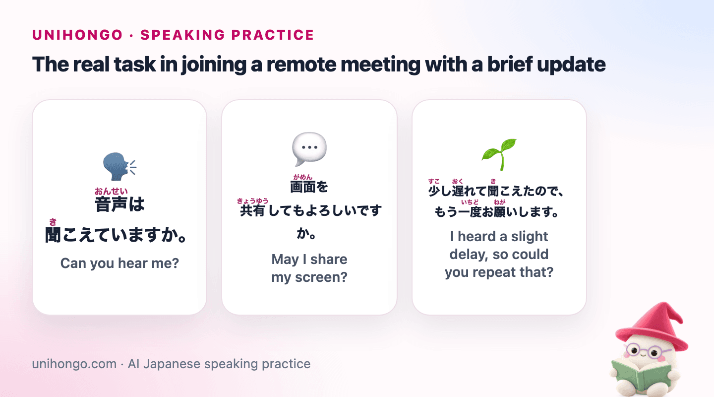 Three Japanese speaking prompts for Speak Japanese More Comfortably on Video Calls, with readings and meanings.