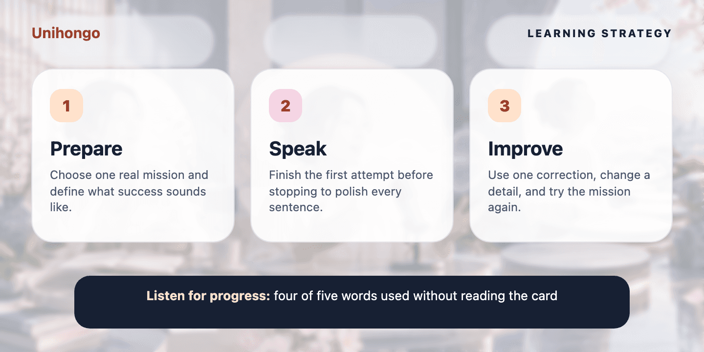 Three-stage visual practice journey for learners who want to retrieve vocabulary inside useful spoken messages