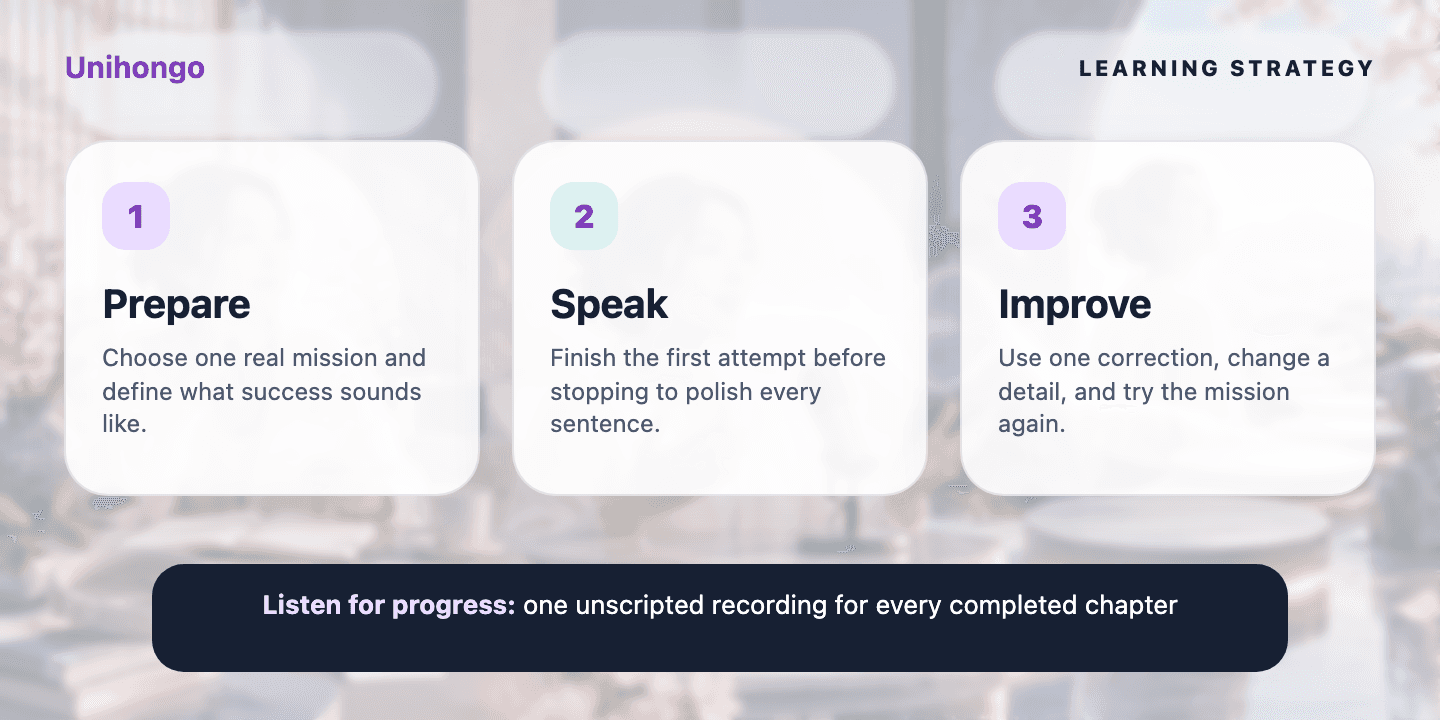 Three-stage visual practice journey for learners who want to turn each chapter's grammar and vocabulary into conversation