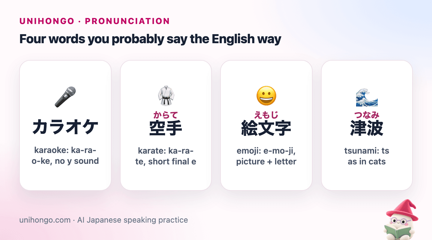 Four picture cards with a microphone for karaoke, a martial arts belt for karate, a smiling face for emoji and a wave for tsunami, each with its beats.