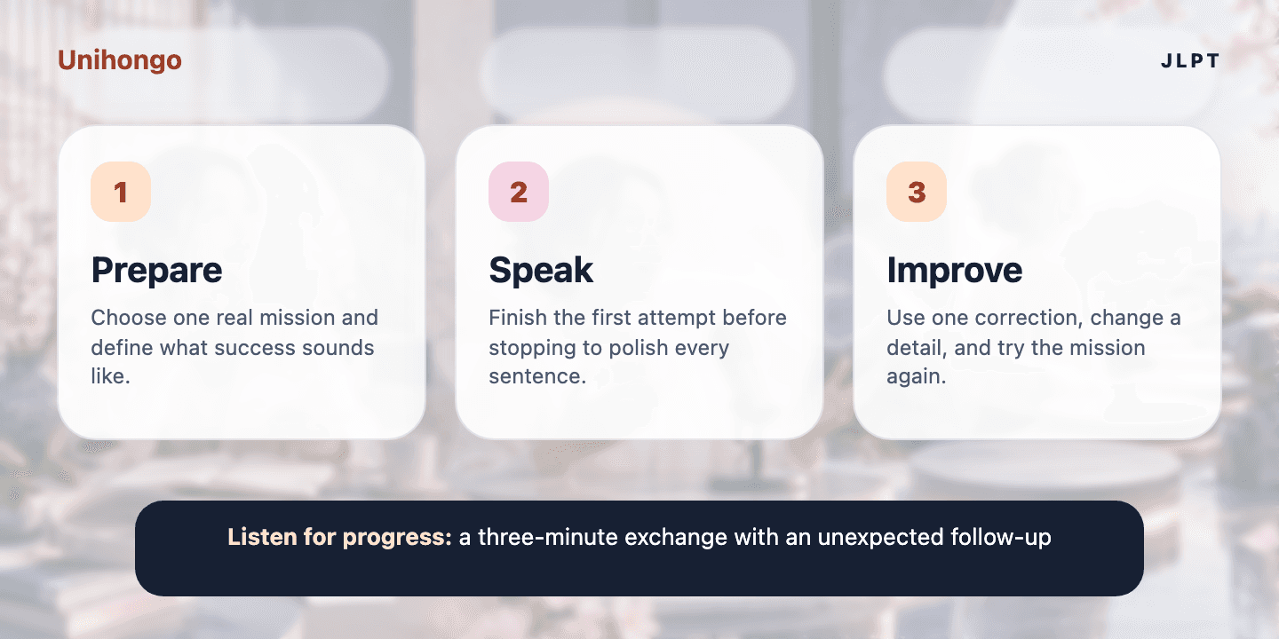 Three-stage visual practice journey for learners who want to discuss everyday topics at natural conversational depth