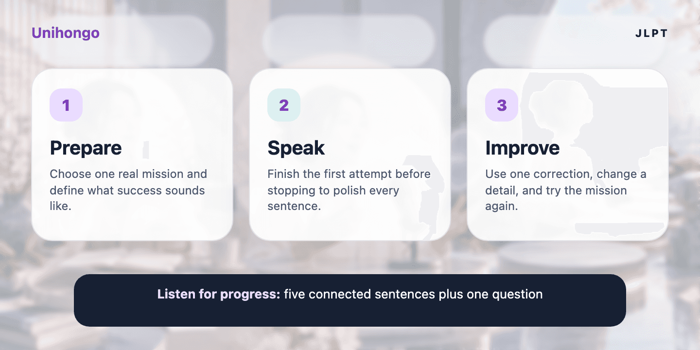 Three-stage visual practice journey for learners who want to build short reliable exchanges from basic grammar