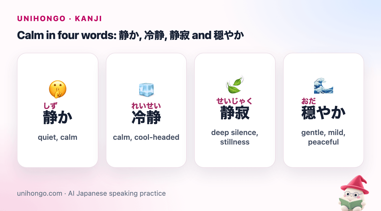 Four picture cards: 静か for a quiet library, 冷静 for a person staying cool under pressure, 静寂 for a still temple garden and 穏やか for a calm sea.