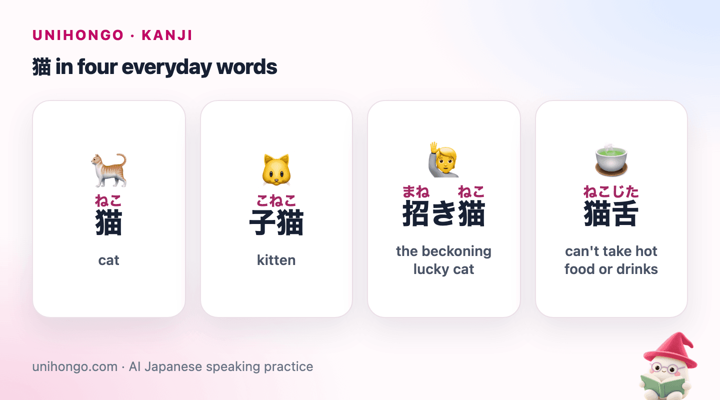 Four picture cards: the cat kanji, a small kitten, a beckoning lucky cat figure, and a person blowing on hot tea.