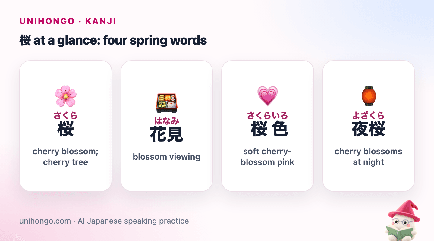 Four picture cards: 桜 for cherry blossom, 花見 for a blossom-viewing picnic, 桜色 for soft cherry pink and 夜桜 for cherry blossoms at night.