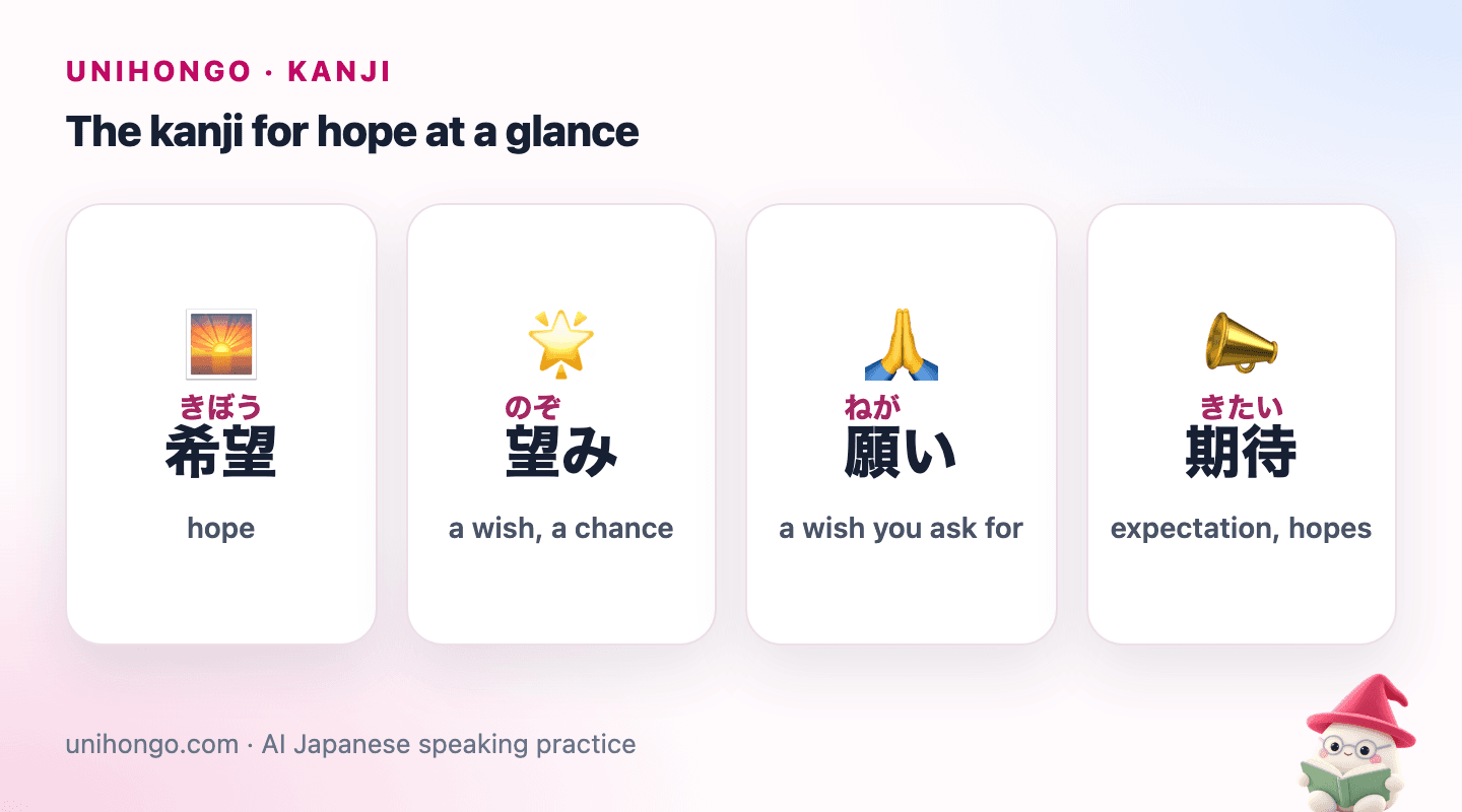 Four picture cards: 希望 for hope, 望み for a wish or chance, 願い for a wish you ask for, and 期待 for expectation.