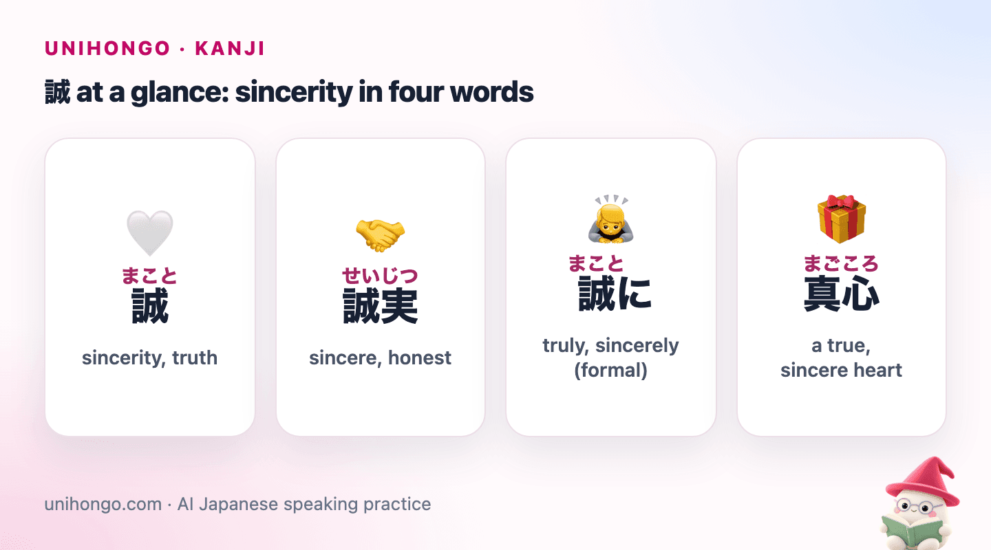 Four picture cards: 誠 for sincerity and truth, 誠実 for an honest handshake, 誠に for a deep formal bow and 真心 for a gift given from the heart.