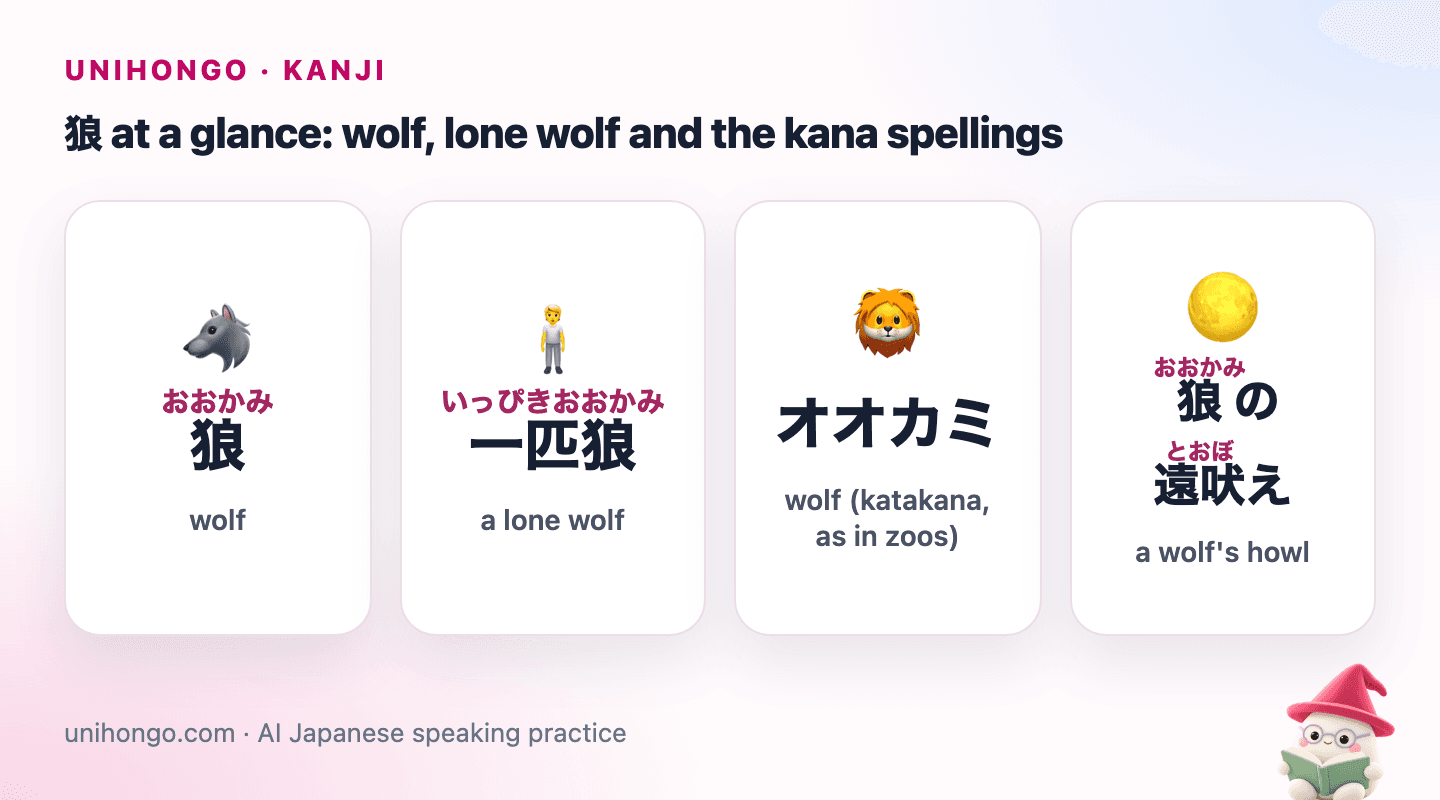 Four picture cards: the wolf kanji, a lone wolf, the katakana spelling used in zoos, and a howling wolf.