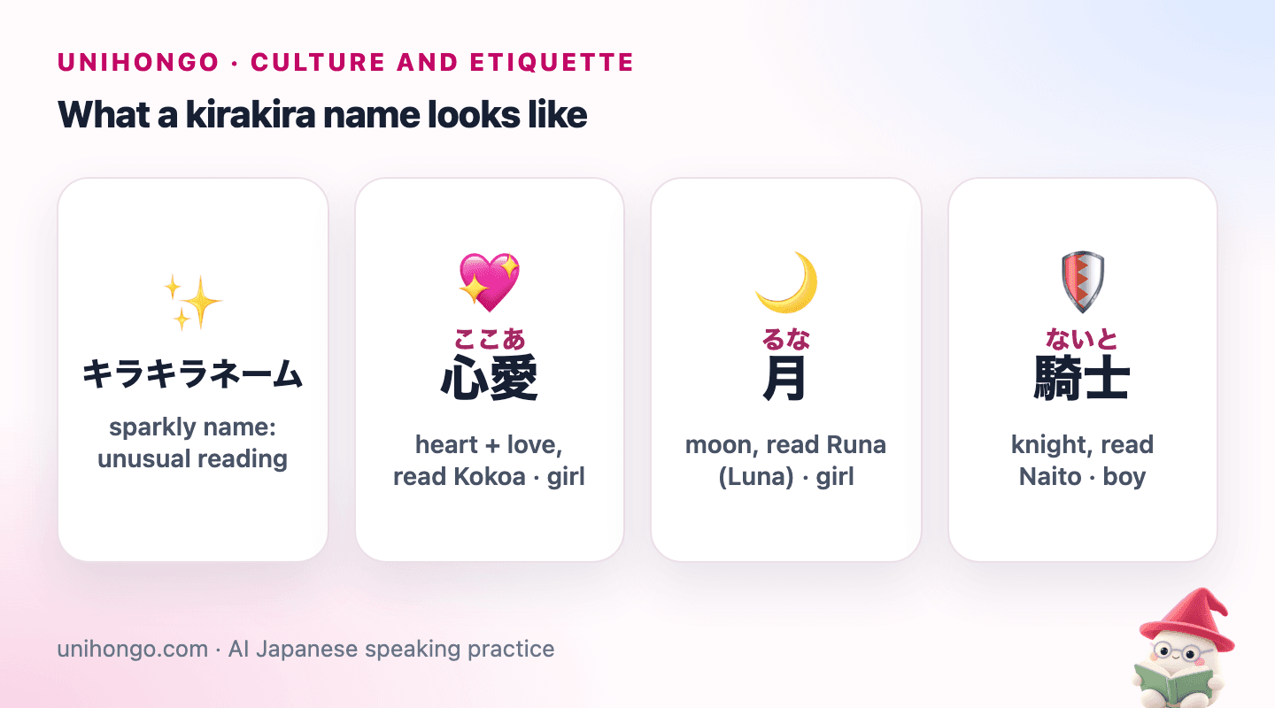 Four picture cards: the word kirakira name with sparkles, the name Kokoa written with heart and love, the name Runa written with the moon kanji, and the name Naito written with the kanji for knight.