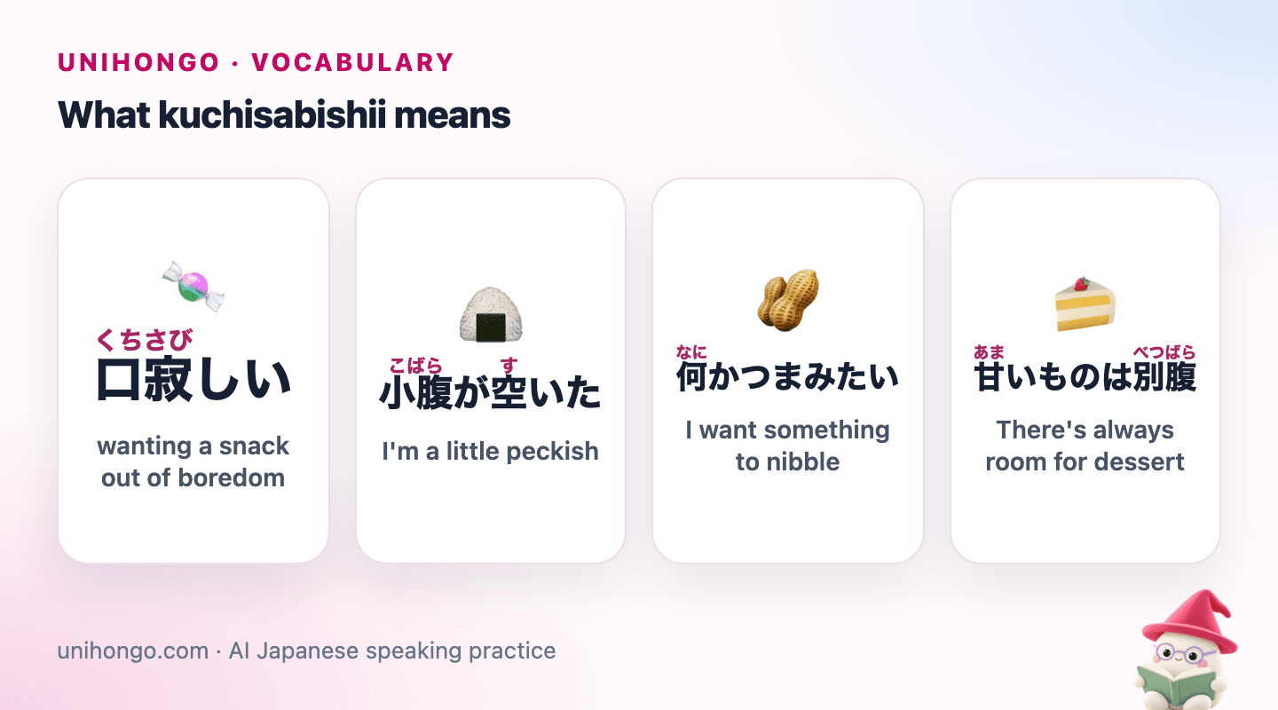 Four picture cards: a hand reaching for a sweet out of boredom, a rice ball for a little hunger, a dish of nuts to nibble, and a slice of cake for room for dessert.