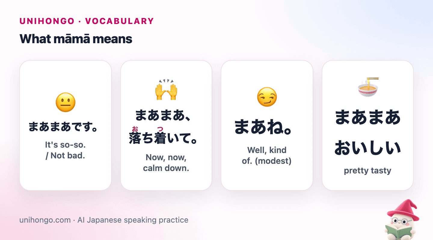Four picture cards: a neutral face for so-so, two open hands calming someone, a sly smile for a modest well, kind of, and a bowl of ramen that is pretty tasty.