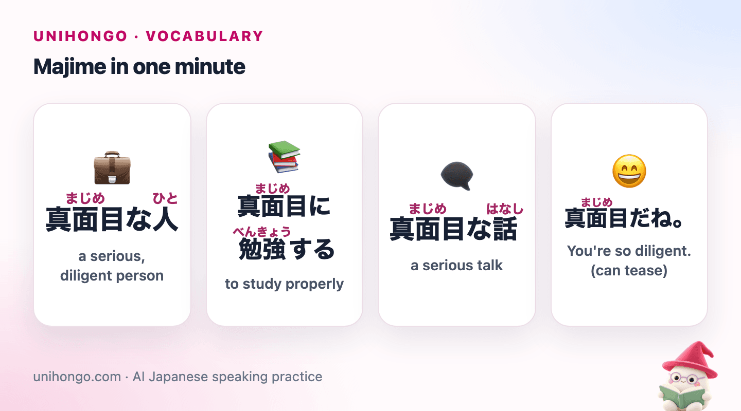 Four picture cards: a diligent worker at a desk, a student studying hard, two people having a serious talk, and a friend teasing a studious classmate.