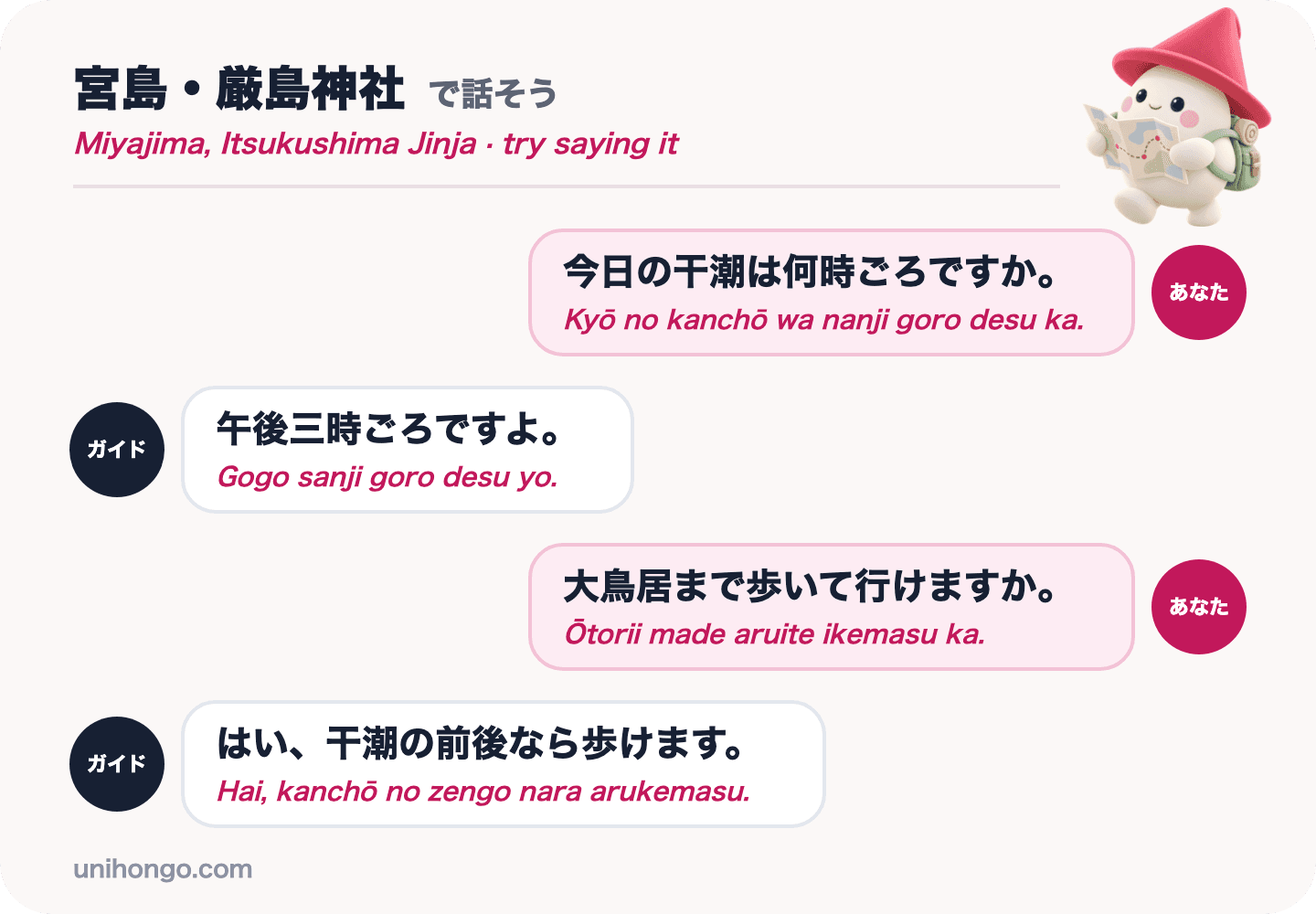 Dialog empat baris antara pelawat dan pemandu di Miyajima, bertanyakan bila air surut dan sama ada anda boleh berjalan kaki ke torii yang hebat, dalam bahasa Jepun dengan romaji