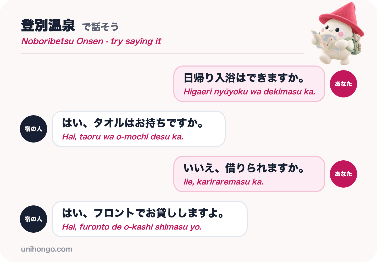 Ein vierzeiliger Chat zwischen einem Besucher und dem Hotelpersonal im Noboribetsu Onsen, in dem er um ein Tagesbad und das Ausleihen eines Handtuchs bittet, auf Japanisch mit Romaji