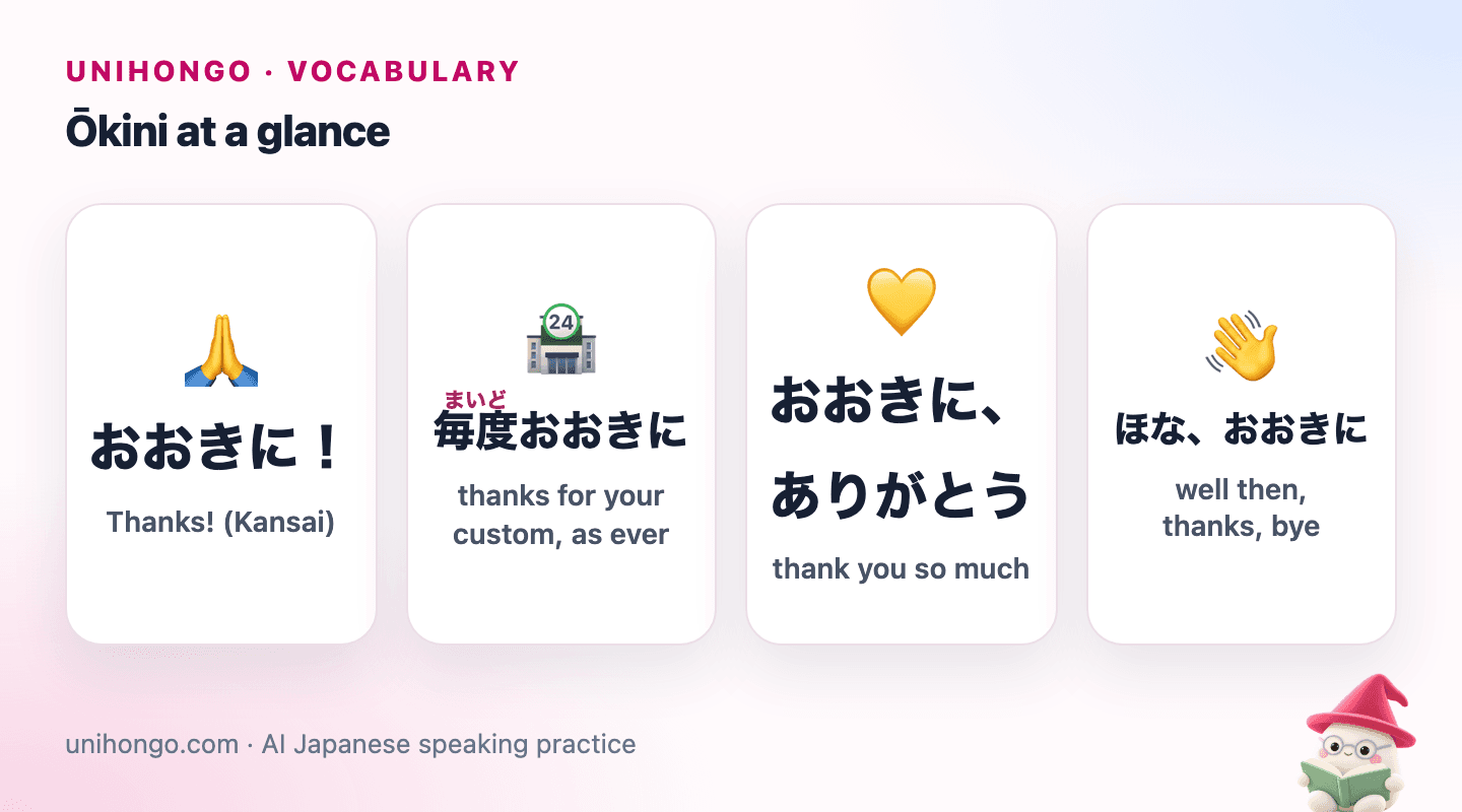 Four picture cards: hands together for thanks in Kansai, a shop for thanks for your custom, a heart for thank you so much, and a waving hand for well then, thanks, bye.