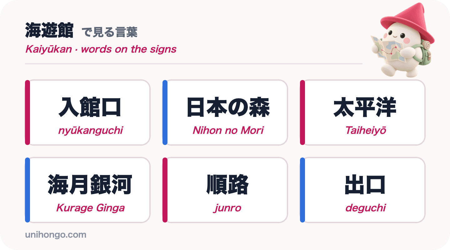 Oltita belgili so‘zni Kaiyūkan da ko‘rasiz: nyūkanguchi, Nihon no Mori, Taiheiyō, Kurage Ginga, junro va deguchi, yapon tilida romaji bilan