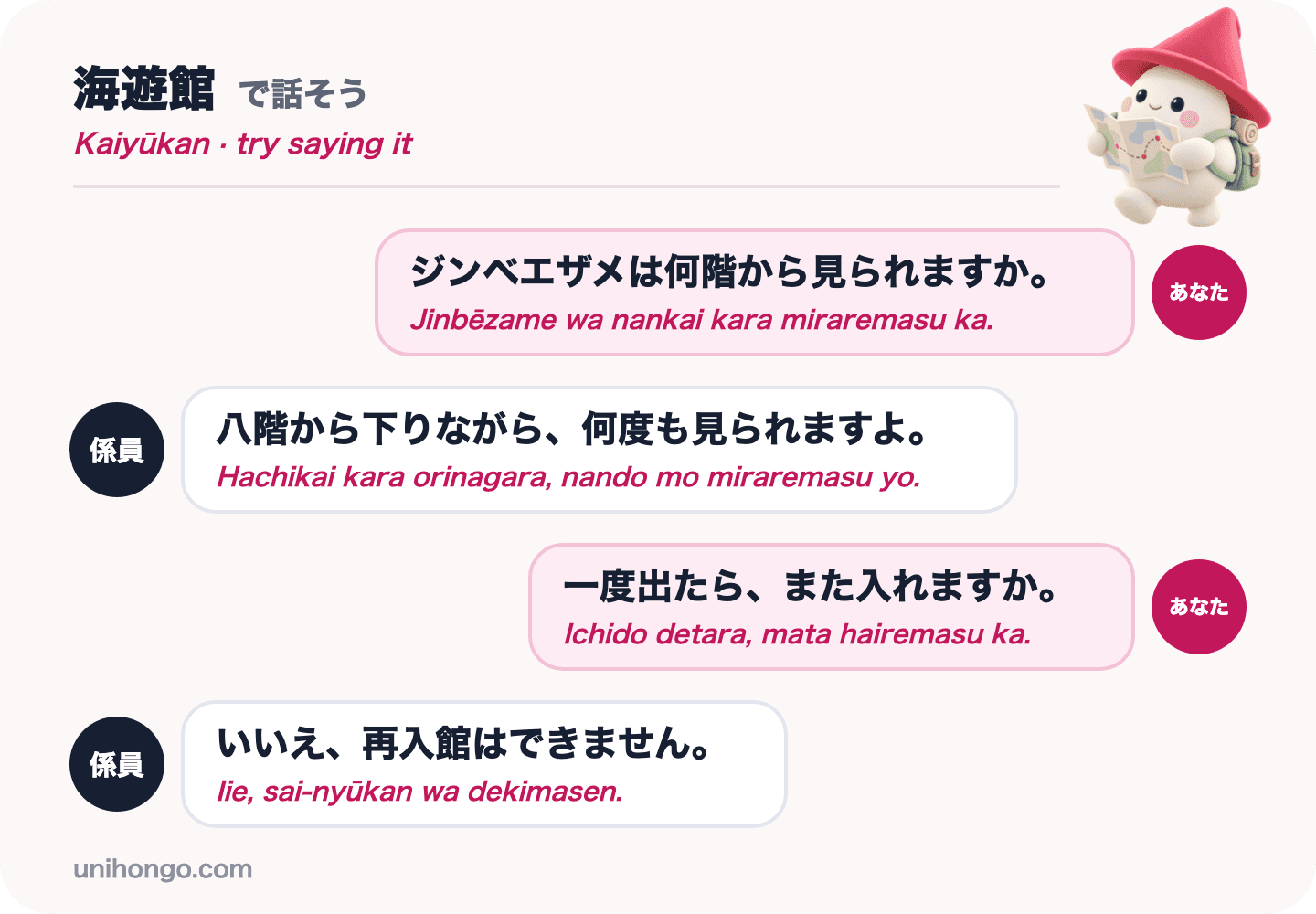 Yapon tilida romaji bilan kit akulasini qayerda ko‘rish va yana kirishga ruxsat bor-yo‘qligini so‘rab, Kaiyūkan da tashrif buyuruvchi va xodim o‘rtasidagi to‘rt qatorli suhbat